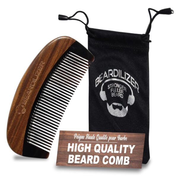Beardilizer Premium Beard Comb for Men - 100% Natural Black Ox Buffalo Horn & Sandalwood Handle with Carrying Pouch, Professional Anti-Static Fine and Coarse Teeth