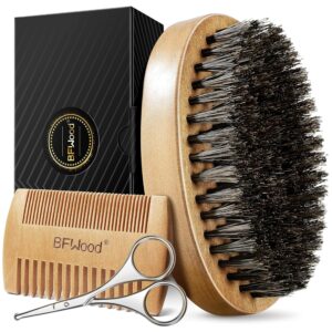 BFWood Beard Brush, Beard Comb & Mustache Scissors Grooming Kit for Men - Natural Boar Bristles Brush, Dual Action Wood Comb, Beard & Mustache Scissors and Travel Pouch Great...