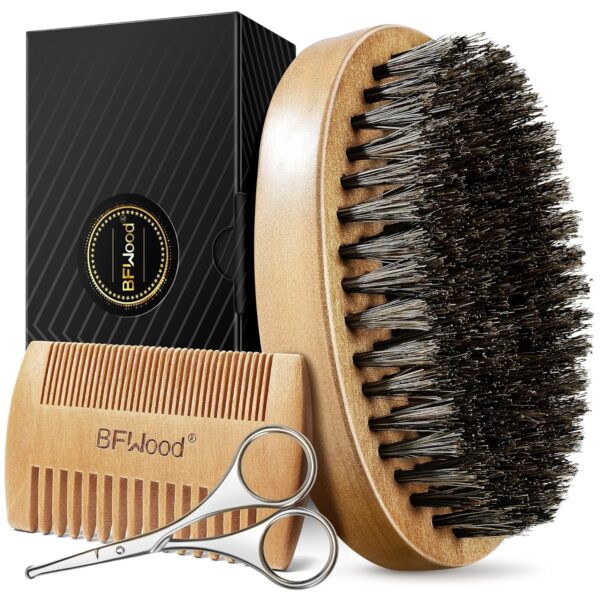 BFWood Beard Brush, Beard Comb & Mustache Scissors Grooming Kit for Men - Natural Boar Bristles Brush, Dual Action Wood Comb, Beard & Mustache Scissors and Travel Pouch Great...