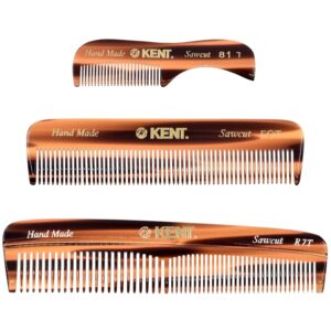 Kent Set Men's Hair Pocket Combs, Tortoise 81T X-Small, FOT All Fine Tooth, R7t Double Toothed Fine and Coarse. Best Hair, Beard and Mustache Grooming Kit for Travel and Home...