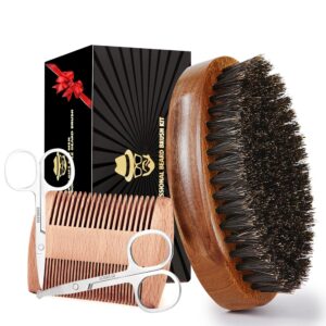 Sosoon Beard Brush for Men, 100% Pure Boar Bristle Beard Brush, Beard Grooming Set Including Beard Comb, 2 Pcs Mustache Scissors, and Travel Bag