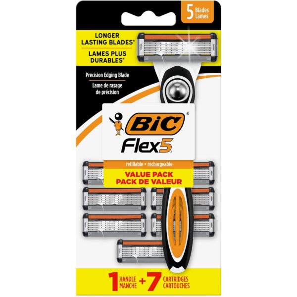 BIC Flex 5 Men's Refillable with 5 Blade Razors, 1 Handle and 7 Cartridges, Straight Razors for Men with Precision Edging, 7-Pack