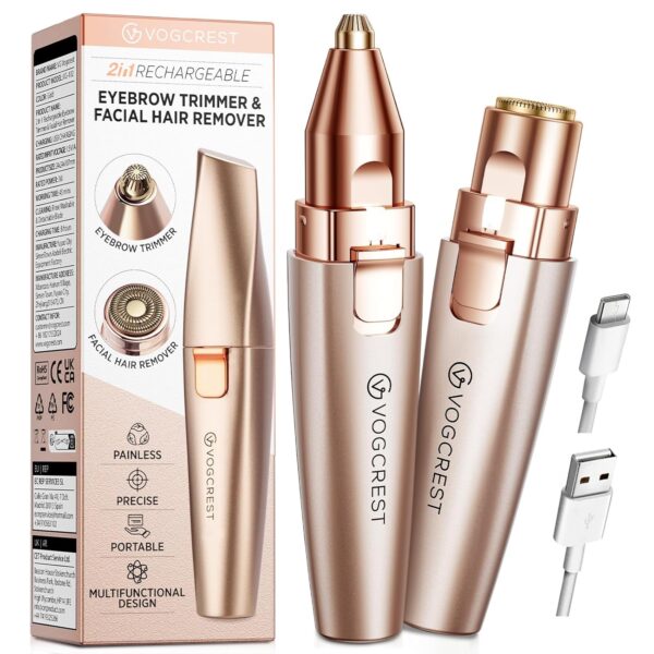 Eyebrow & Facial Trimmer: 2 in1 Rechargeable Facial Hair Removal & Eyebrow Shaver - Body Razor with Built-in LED Light (Rose Gold)